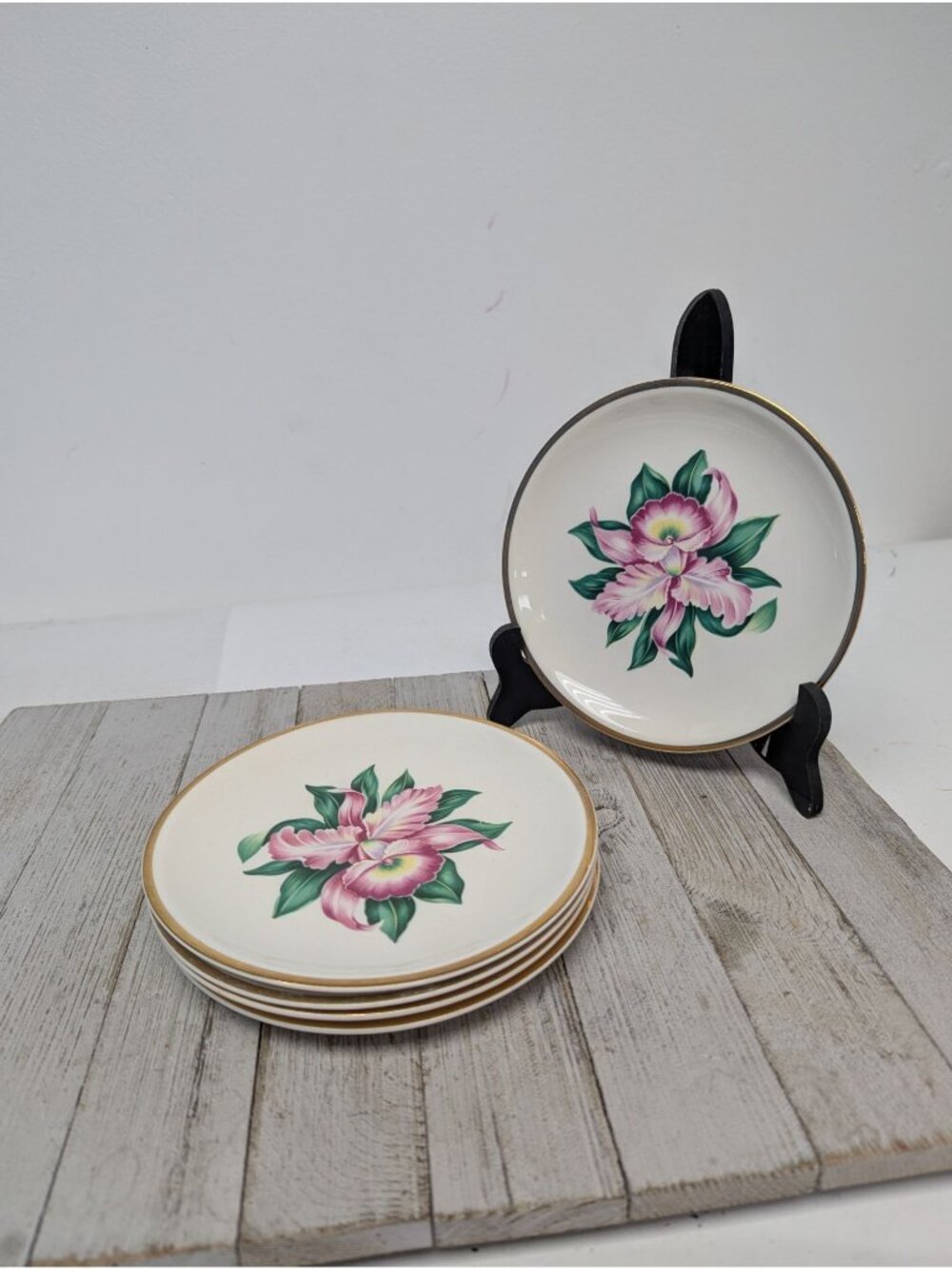 Vintage Paden City Pottery MODERN ORCHID Set 5 Dessert Bread Plates Retired USA